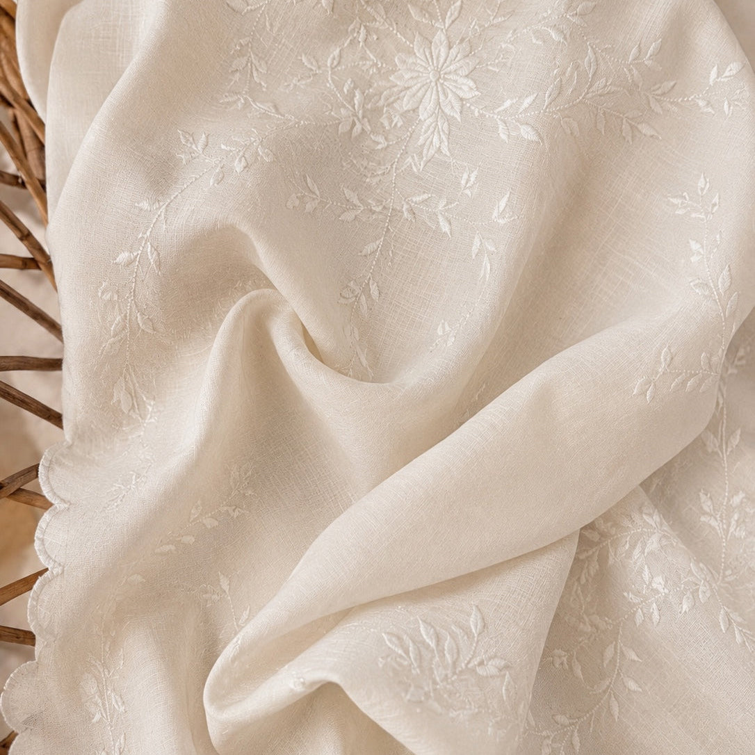 Lightweight ivory cotton batiste blanket with tonal floral embroidery