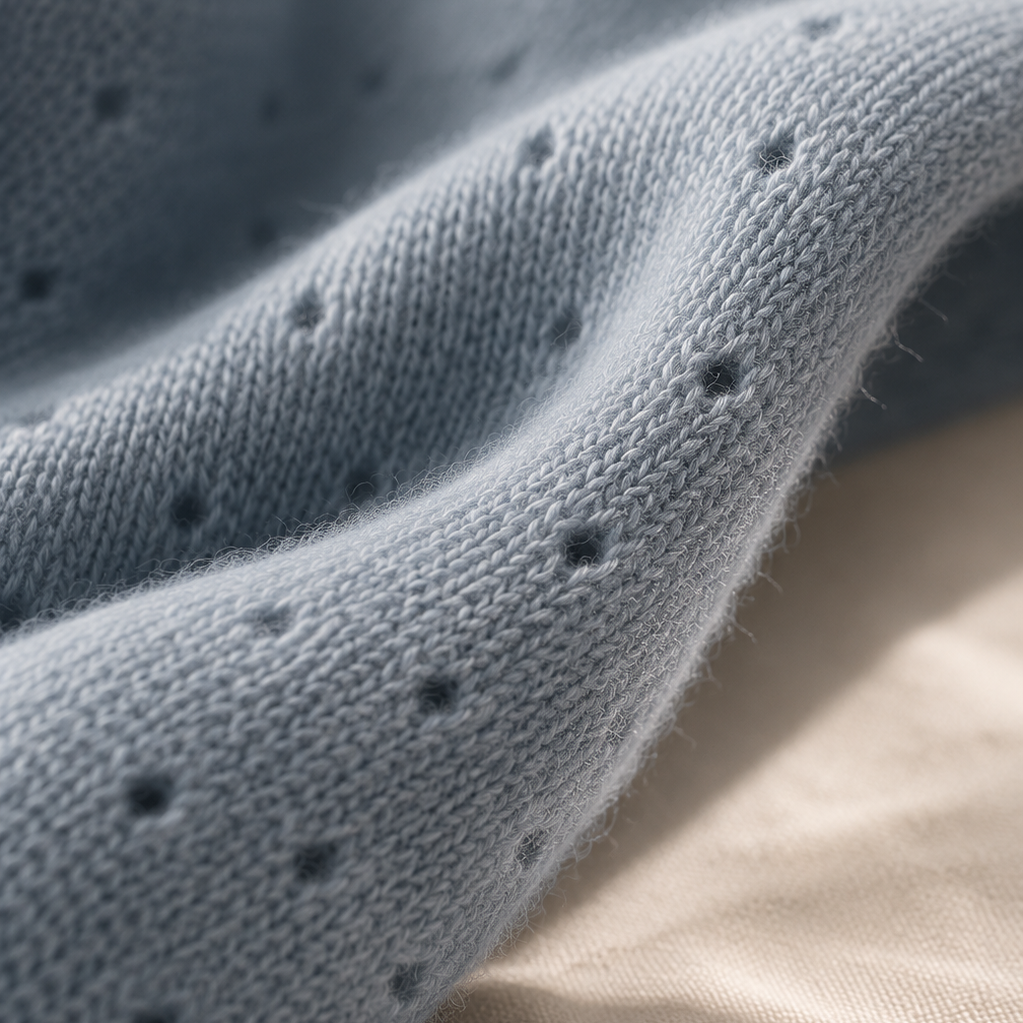 A close-up of a light blue knit fabric with a dotted eyelet pattern, draped over a beige textured surface.