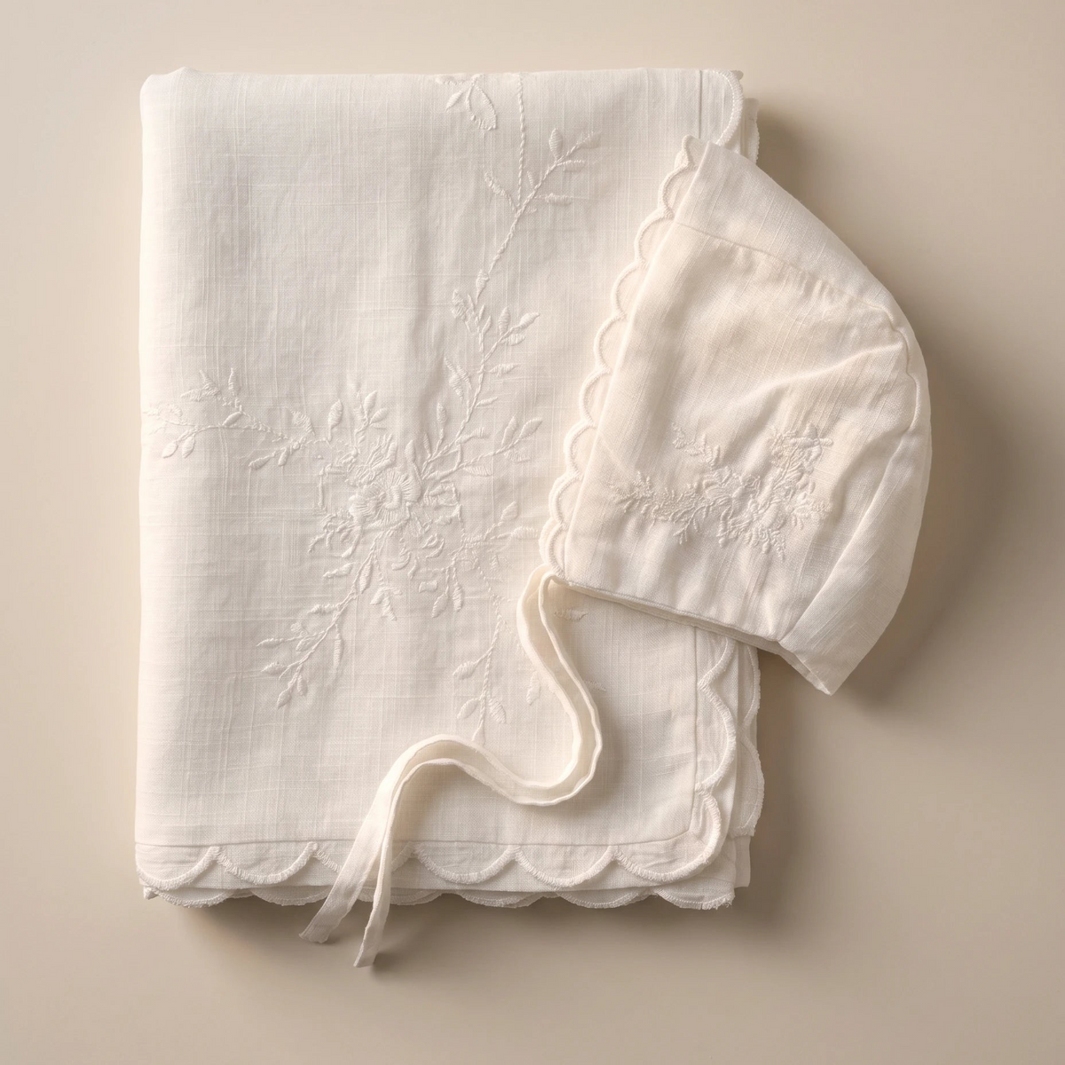 Ivory embroidered cotton batiste lightweight blanket and matching bonnet gift set